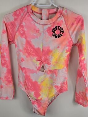 Justice Tie Dye Cut Out Long Sleeve Bodysuit Rashguard Barbiecore Swimsuit 12/14